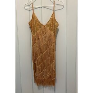 Gold Sequin Fringe Flapper V-Neck Party Cocktail Mini Dress   Juniors